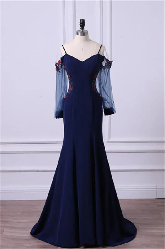 Modest Long Sleeves Backless Mermaid Long Navy Blue Prom Dress