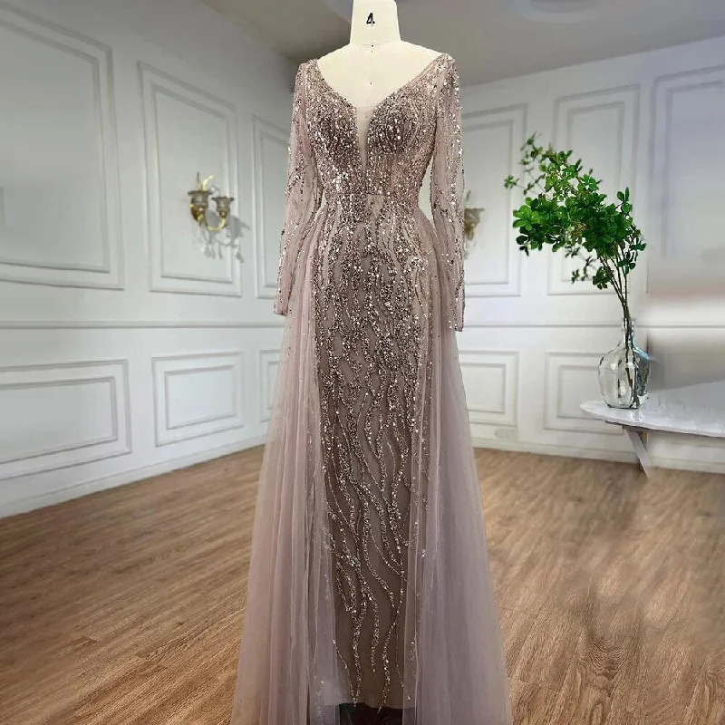 Serene Hill Arabic Caramel Mermaid Elegant With Overskirt Evening Dresses Gowns Beaded Luxury  2024 For Women Party LA71629A