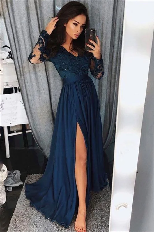 Simple Elegant Navy Blue Long Sleeves Front Split V-neck Prom Dress