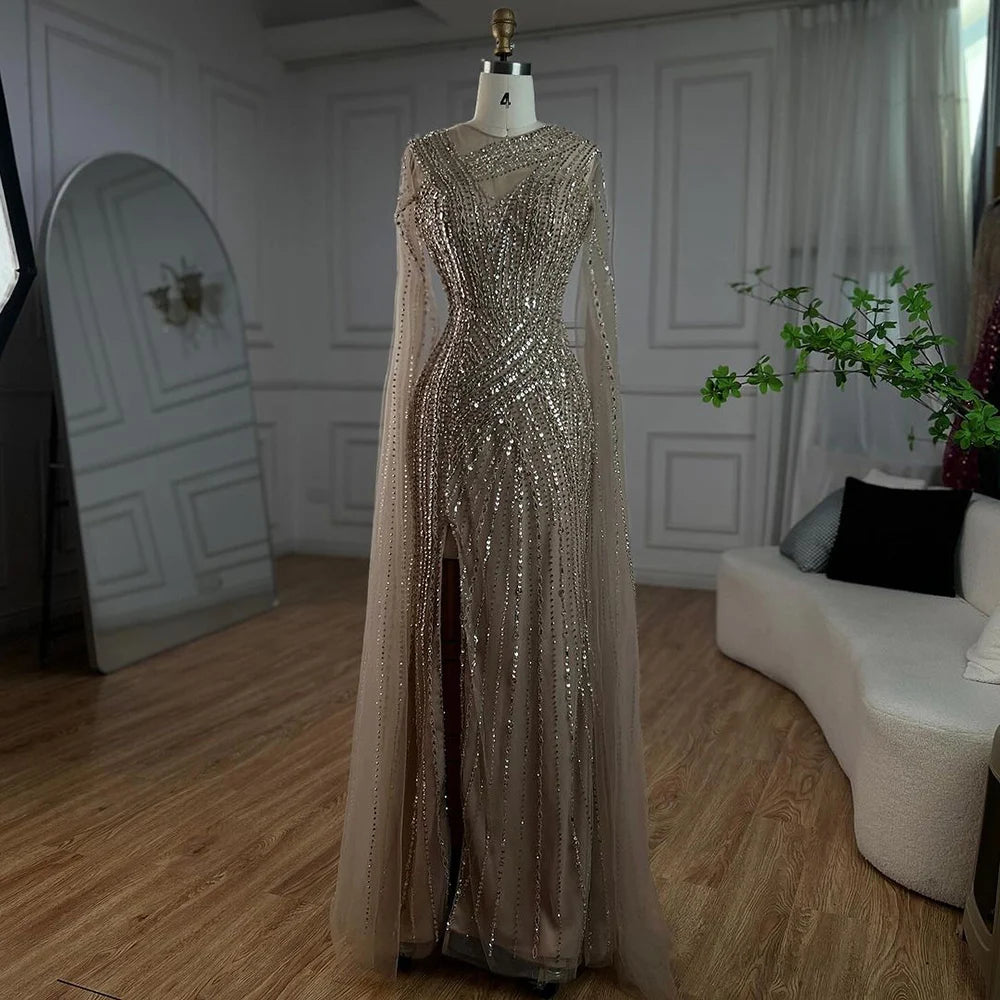 Serene Hill Arabic Elegant Cape Sleeves Mermaid Nude Dubai Evening Dresses Gowns Beaded Luxury For Women Party 2024 LA71429B