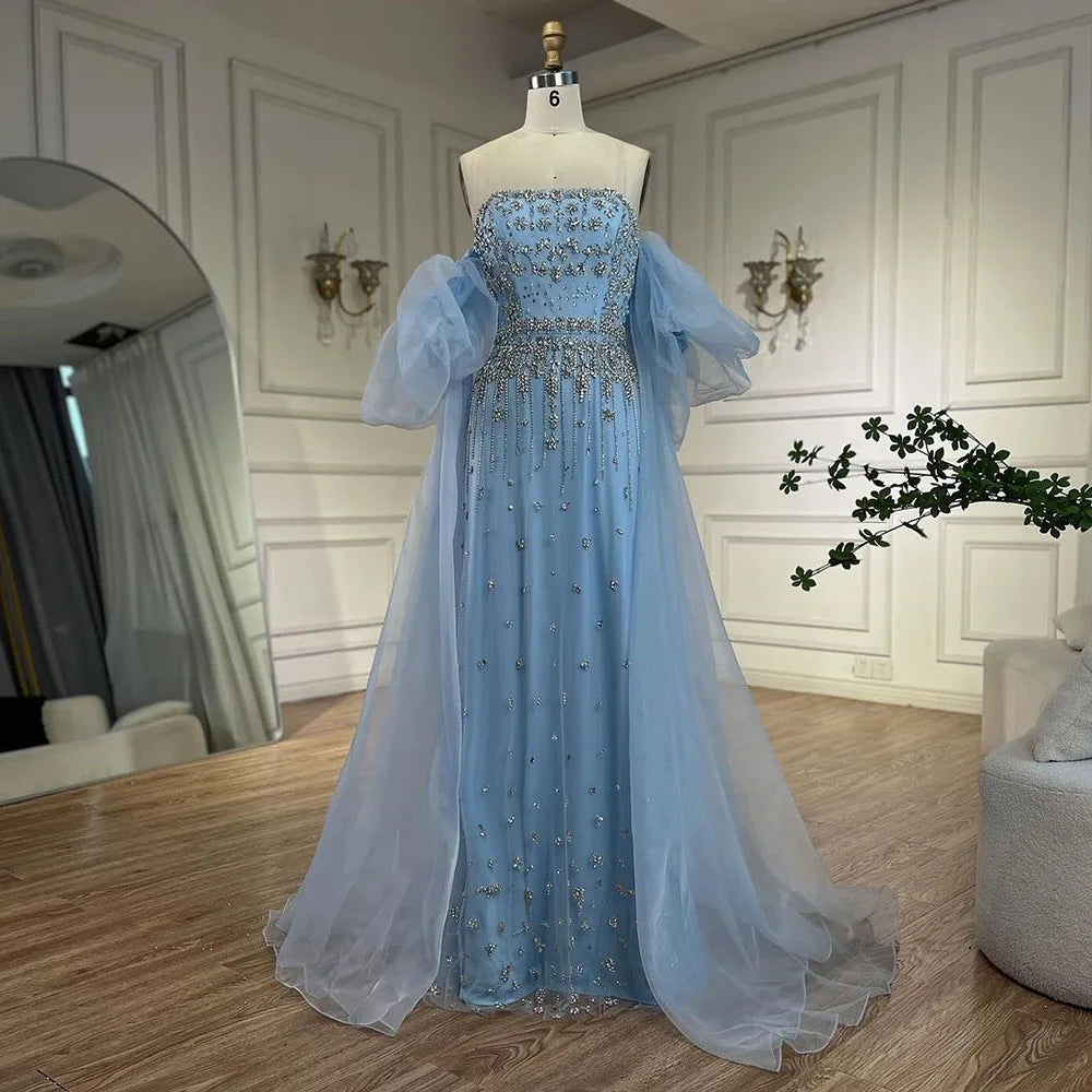 Serene Hill 2024 Customized Black Beaded Mermaid Evening Dresses Gowns with Puff Sleeves Overskirt for Formal Occasion LA72002