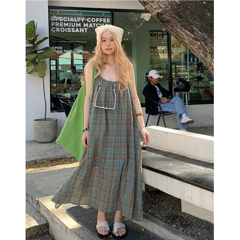 Wjczt 2024 New Arrival Summer Beach Style Women Loose Casual Plaid Print O-neck Sleeveless Mori Girl  Camisole Ankle-length Dress V906