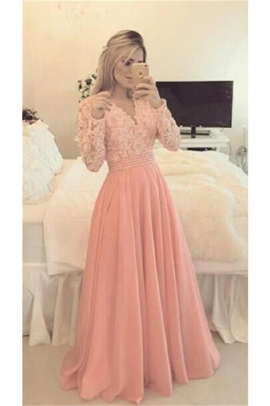 Pink V-neck Long Sleeves Lace Beading Chiffon Long Prom Dress
