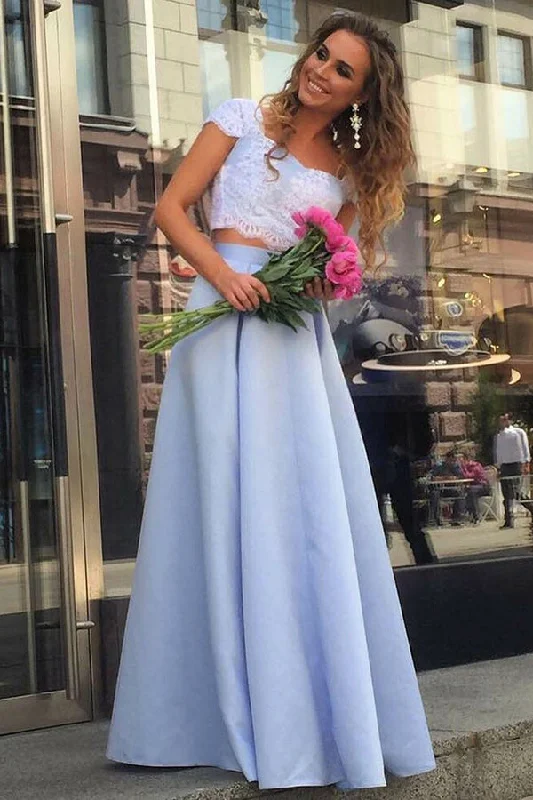Elegant Ivory And Lavender Caps Sleeves Two Pieces Long Prom Dress