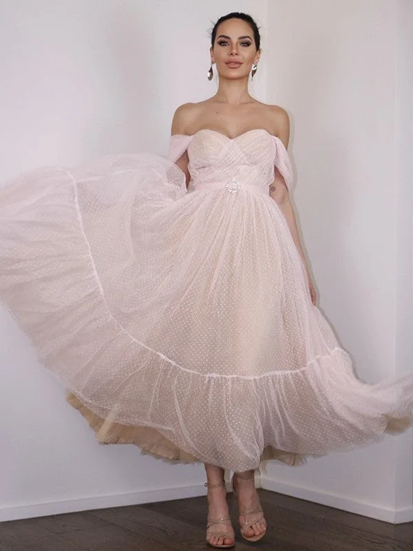 A-Line/Princess Lace Ruched Off-the-Shoulder Sleeveless Tea-Length Homecoming Dresses A-Line/Princess Lace Ruched Off-the-Shoulder Sleeveless Tea-Length Homecoming Dresses