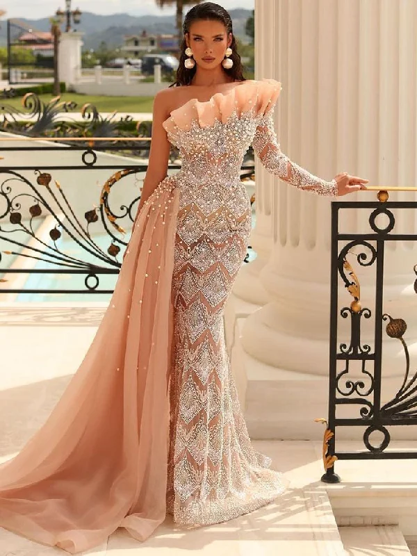 Serene Hill Mermaid One-Shoulder Peach Arabic Evening Dresses Gowns 2023 Pearls Beaded Elegant Sexy For Women Party LA71649
