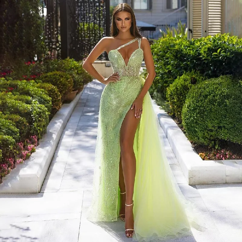 Serene Hill Lemen One Shoulder Spaghetti Strap Mermaid Sexy High Split Beaded Evening Dresses Gowns 2024 For Women Party LA71982 Serene Hill Lemen One Shoulder Spaghetti Strap Mermaid Sexy High Split Beaded Evening Dresses Gowns 2024 For Women Party LA71982