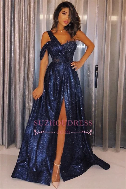 Sexy Sequins Navy-Blue Prom Dresses | A-Line Side-Slit One-Shoulder Evening Dresses BC1111 Sexy Sequins Navy-Blue Prom Dresses | A-Line Side-Slit One-Shoulder Evening Dresses BC1111