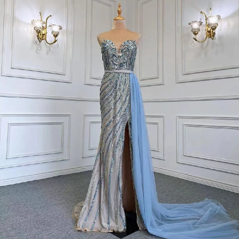 Serene Hill Blue Mermaid Elegant With Skirt Sexy Strapless Evening Dresses Gowns Luxury Beaded 2024 For Women Party LA71743