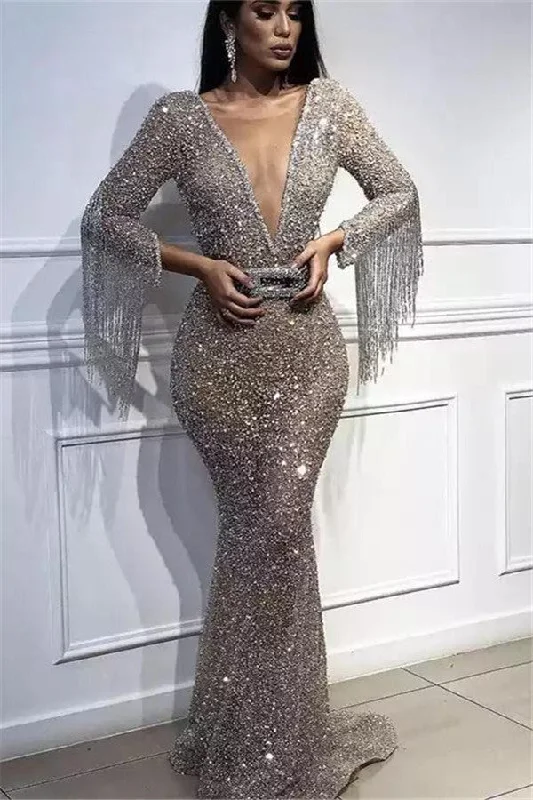 Luxury Deep V-Neck Mermaid Evening Dresses | Long Sleeves Sequins Crystal Prom Dresses with Tassels BC0627 Luxury Deep V-Neck Mermaid Evening Dresses | Long Sleeves Sequins Crystal Prom Dresses with Tassels BC0627