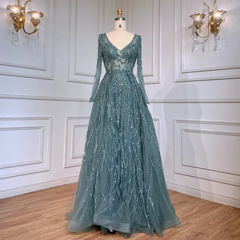 Serene Hill Arabic Turquoise A Line Sweetheart Long Sleeves Beaded Evening Dresses Gowns for Women Party 2024 LA71793