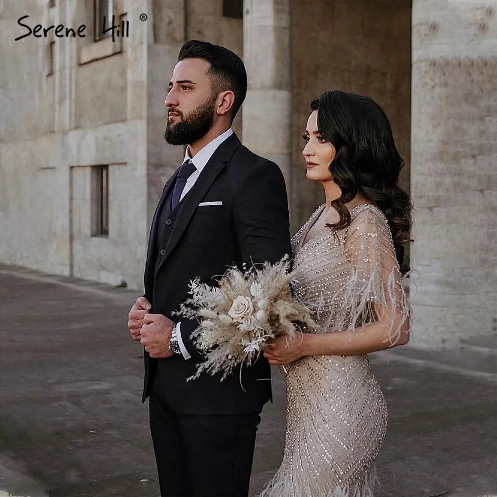 Serene Hill Brown Mermaid Luxury Evening Dresses Gowns 2024 Beaded Feather Elegant For Woman Party LA71323