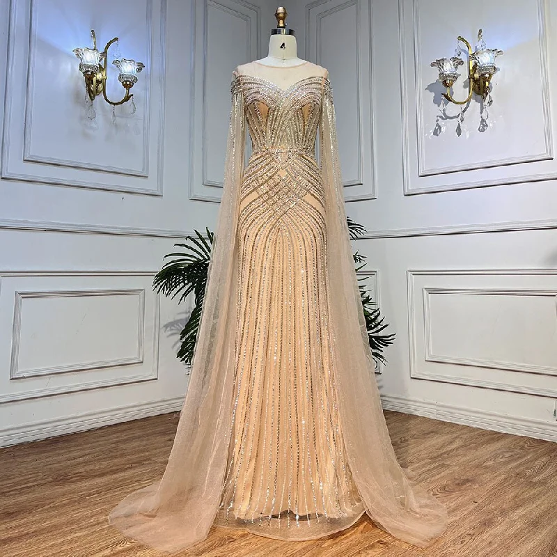Serene Hill Nude Arabic Mermaid Cape Sleeves O-neck Beaded Evening Dresses Luxury Gowns 2023 For Women Wedding Party LA72012