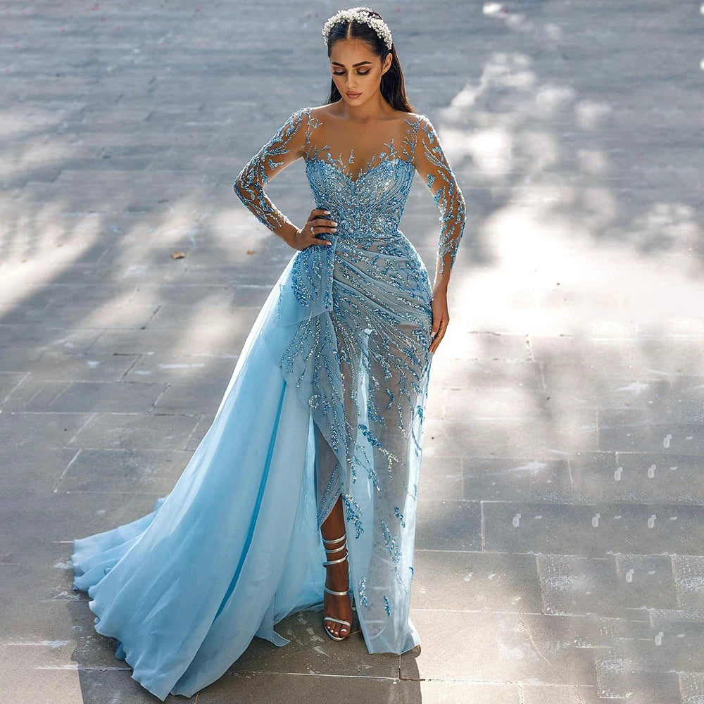 On Sale  no return no refundSerene Hill Blue Mermaid Sexy High Split Elegant With Skirt Lace Beaded Evening Dresses Gowns For Women Party 2024 LA71781