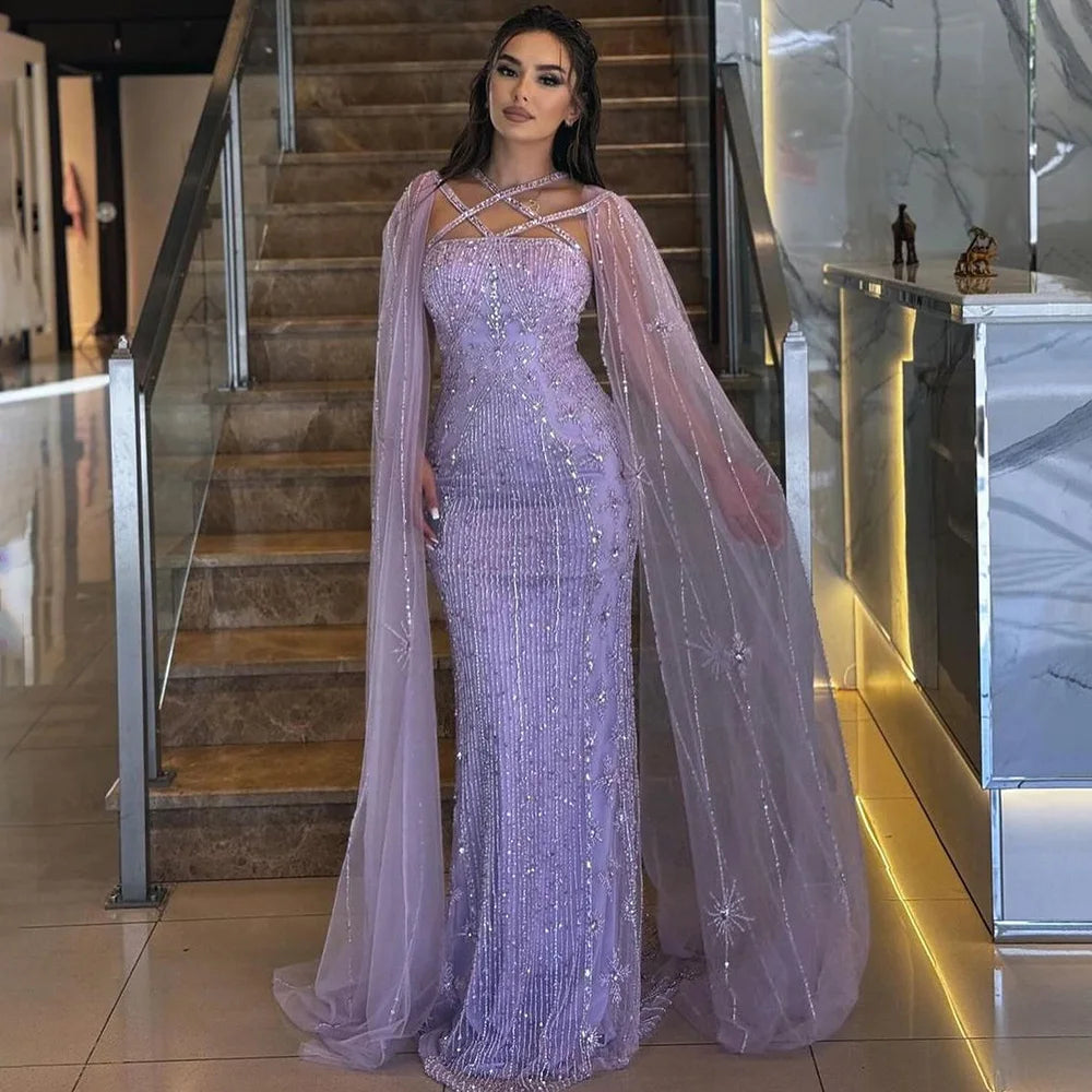 Serene Hill Caramel Elegant Cape Sleeves Beaded Mermaid Luxury Dubai Evening Dresses Gowns For Women Wedding Party 2024 LA71905B Serene Hill Caramel Elegant Cape Sleeves Beaded Mermaid Luxury Dubai Evening Dresses Gowns For Women Wedding Party 2024 LA71905B