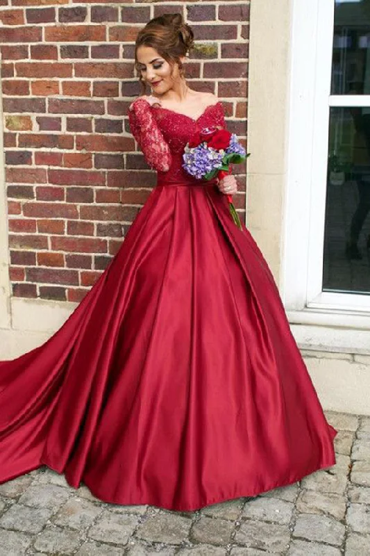 Red Lace Long Sleeves Satin Ball Gowns Prom Dress,Princess Dress