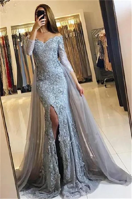 Gorgeous Long Mermaid Gray Off The Shoulder Lace Prom Dress With Sleeves