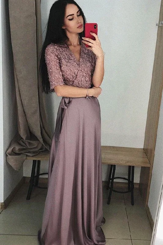 Simple Classy A-line Half Sleeves Long V-neck Prom Dress