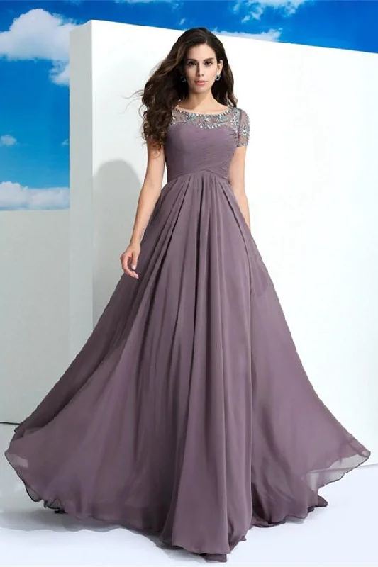 Beautiful Short Sleeves Long Beading Purple Chiffon Prom Dresses