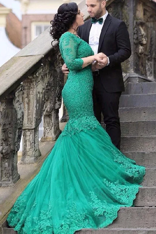 Green Sweep Train V-neck Mermaid Long Lace Up Prom Dress With Sleeves