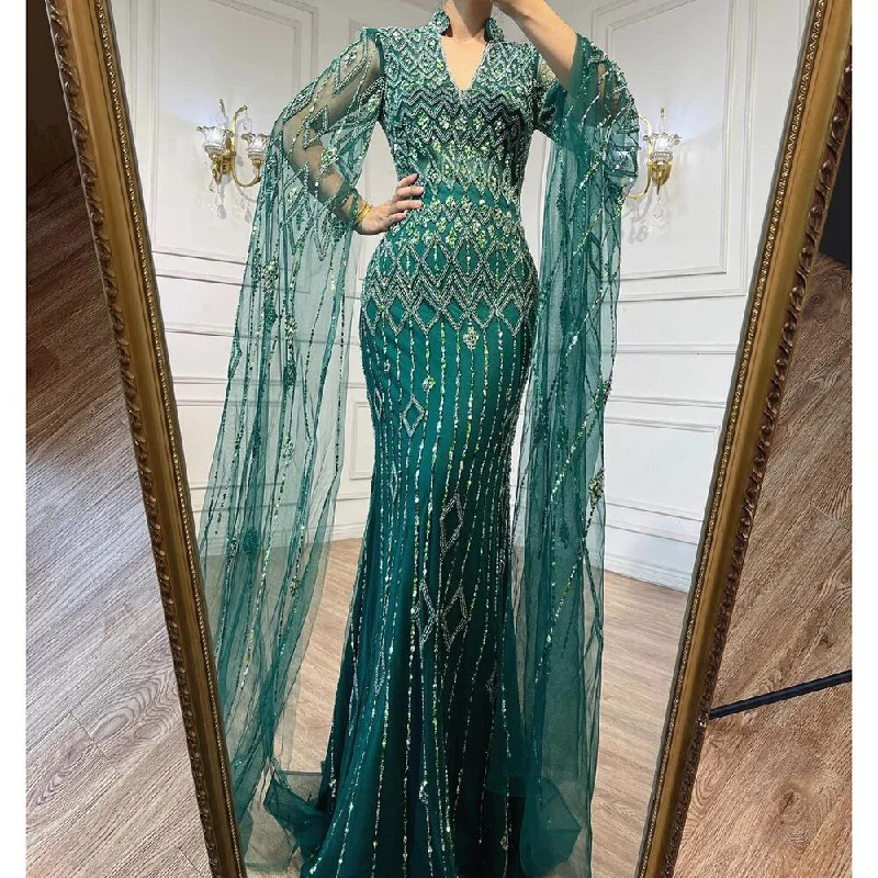  Serene Hill Dubai Designer Green Mermaid Arabic Evening Dress With Cape Luxury Formal Dresses for Women Wedding Party LA72094