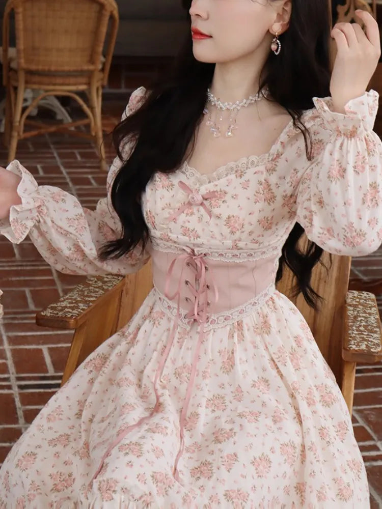 Wjczt 2024 Spring Pink Floral Elegant Dress Women Bandage Lace Print Sweet Vintage Dress Puff Sleeve Kawaii Dress Women Princess Fairy