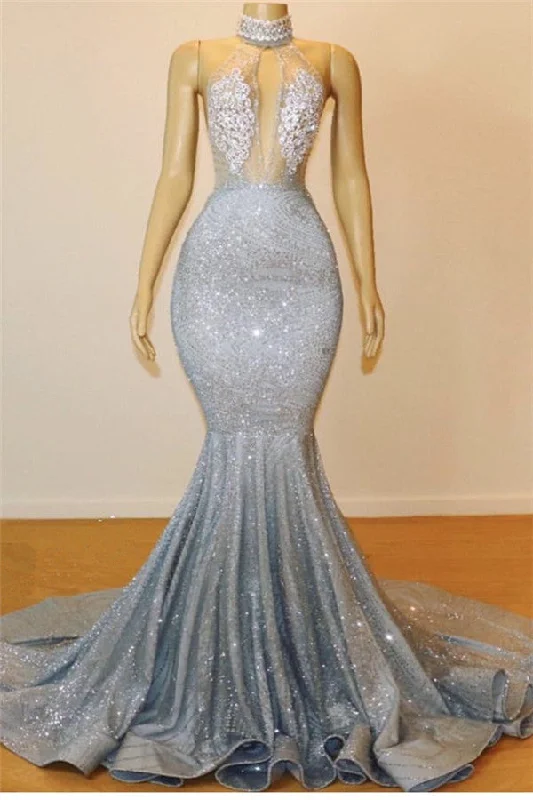 Elegant High Neck Silver Sequins Prom Dresses | Sexy Backless Mermaid Evening Dresses Online BC0679 Elegant High Neck Silver Sequins Prom Dresses | Sexy Backless Mermaid Evening Dresses Online BC0679