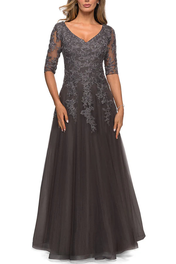 A-line V-neck lace decal 3/4 sleeve elegant mother of the bride dress