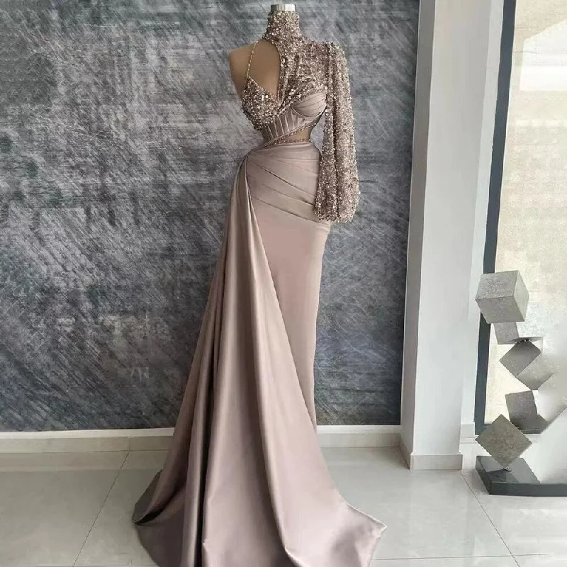 Serene Hill Arabic Caramel Satin Mermaid Elegant One Shoulder Beaded Evening Dresses Gowns 2024 For Women Wedding Party LA71936 Serene Hill Arabic Caramel Satin Mermaid Elegant One Shoulder Beaded Evening Dresses Gowns 2024 For Women Wedding Party LA71936