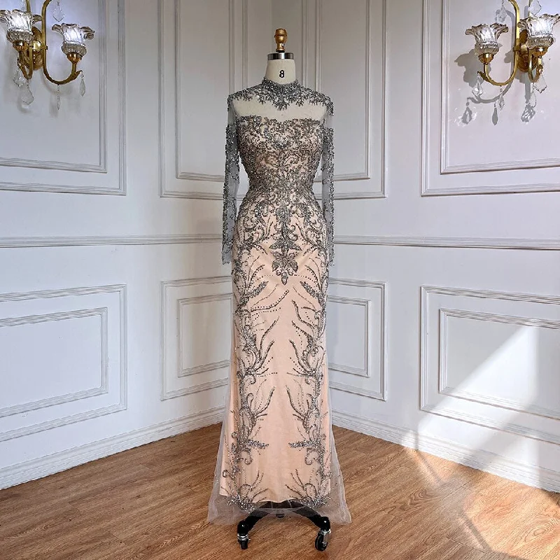 Serene Hill Grey Nude Elegant Mermaid Sexy Lace Beaded Luxury Evening Dresses Gowns For Women Arabic Party 2024 LA71837