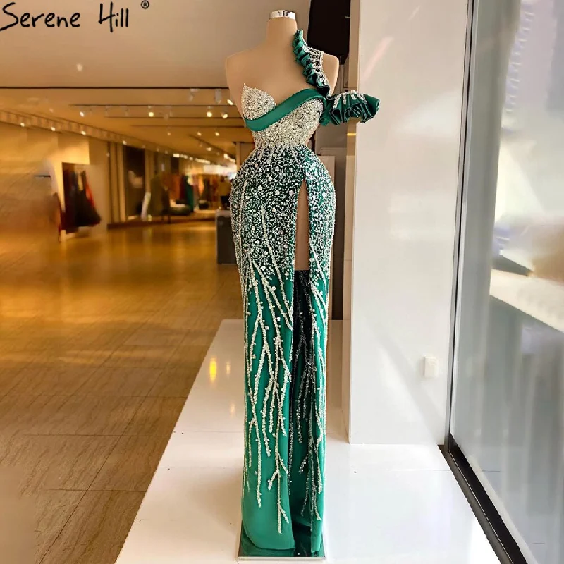Serene Hill Green Mermaid High Split Evening Dresses Gowns 2024 Luxury Beaded One Shoulder For Women Party LA71317