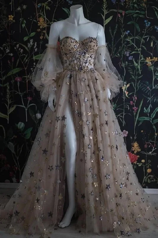 Split Star Stylish Coral Front Long Sweetheart Formal Dress With Sleeves Prom Dress