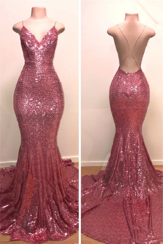 Sexy Backless Pink Sequins Prom Dresses | Spaghetti Straps Mermaid Sleeveless Evening Gowns BC1067 Sexy Backless Pink Sequins Prom Dresses | Spaghetti Straps Mermaid Sleeveless Evening Gowns BC1067