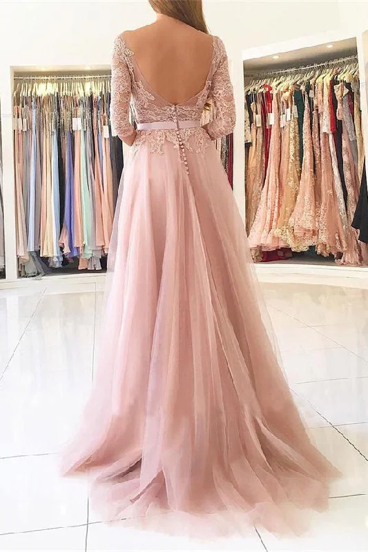 Elegant Long Sleeves Open Back Front Split Pink Lace Tulle Prom Dress