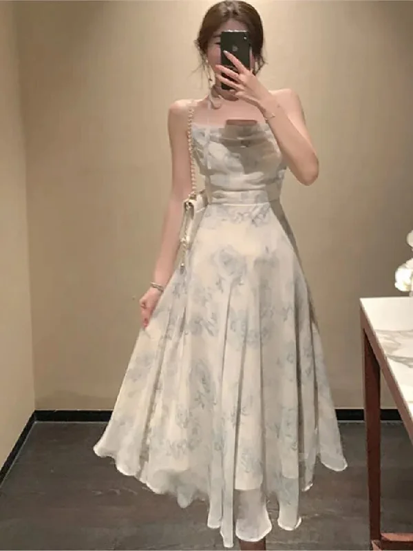 Wjczt - Summer Party Midi Elegant Dress Women Strap Sexy Design High Wasit Vintage Casual Dress Sleeveless Chiffon Sweet Dress Wjczt - Summer Party Midi Elegant Dress Women Strap Sexy Design High Wasit Vintage Casual Dress Sleeveless Chiffon Sweet Dress