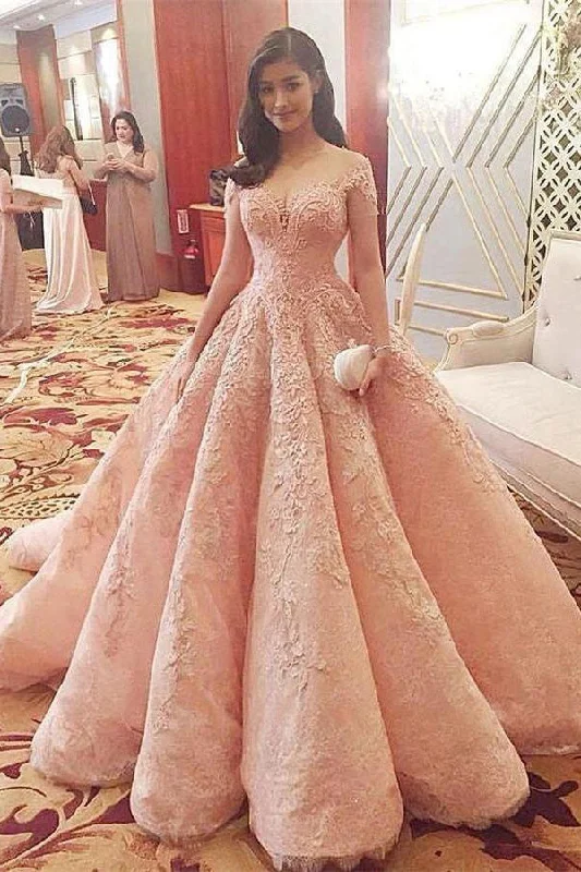 Charming Short Sleeves Ball Gown Long Pink Lace Princess Prom Dress