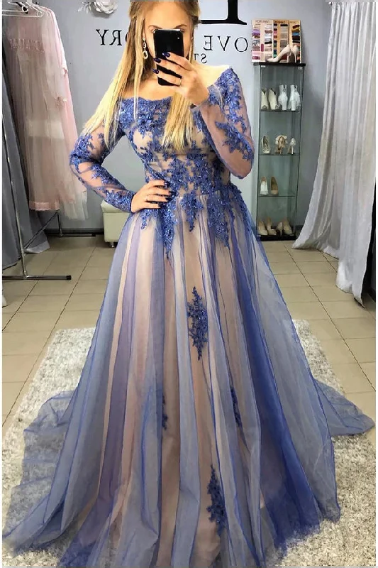 Purple Long Sleeves A-Line Tulle Appliques Formal Evening Dress Long Prom Dress
