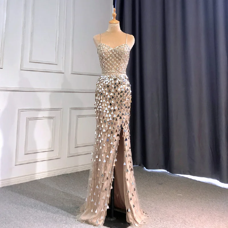 Serene Hill Silver Nude Spaghetti Strap Luxury Evening Dresses Gowns 2024 Mermaid Sequins Beaded Elegant For Women Party LA71666