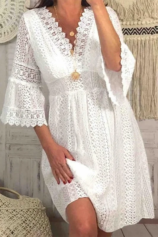 Wjczt  Sweet Elegant Solid Hollowed Out V Neck Princess Dresses