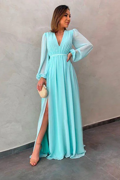 A-Line V-Neck Long Sleeves Long Chiffon Prom Dress With Split
