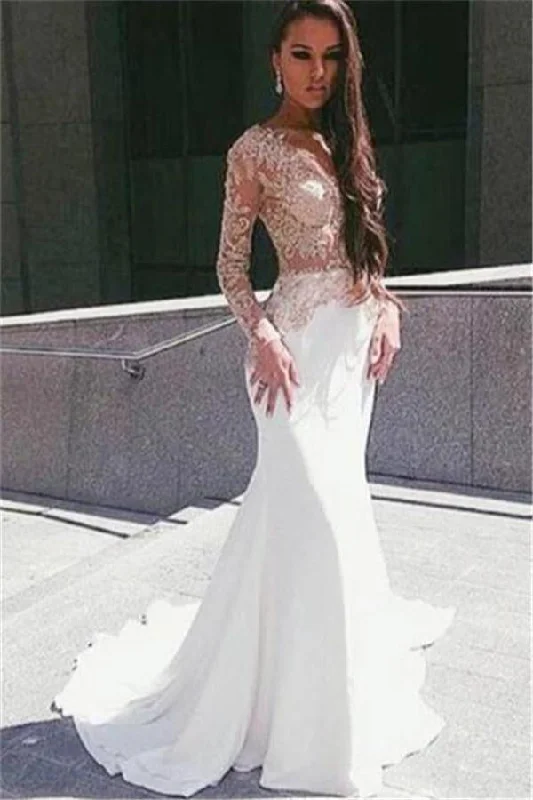 Cute White Long Mermaid Lace Prom Dress With Sleeves