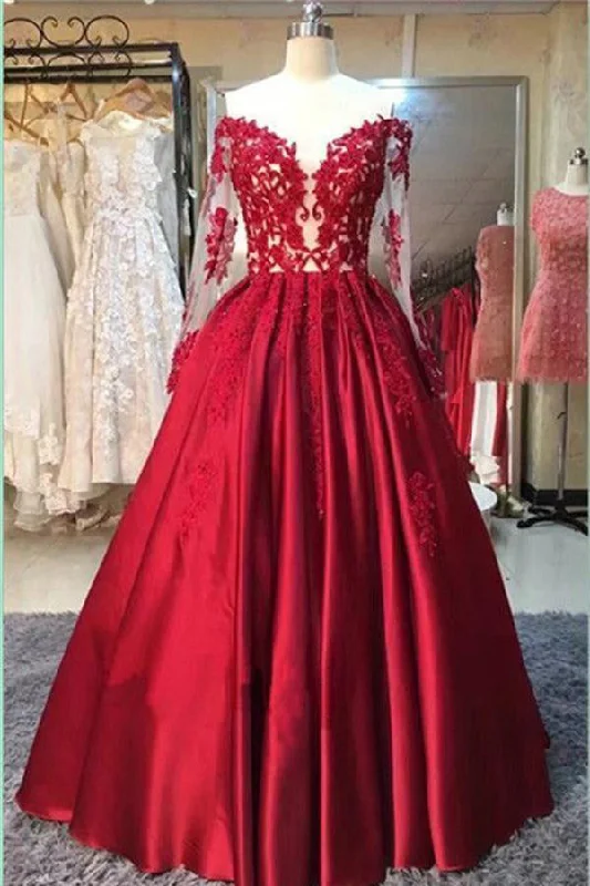 Modest A-line Long Sleeves Red Lace Satin Ball Gown Prom Dress