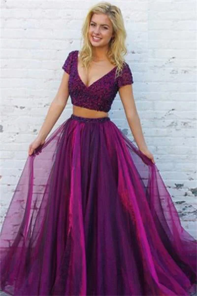 Two Pieces A-line Cap Sleeves Long V-neck Beading Tulle Prom Dresses