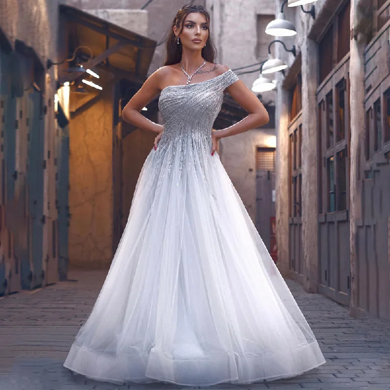 Serene Hill Silver A-Line One-Shoulder Evening Dresses Gowns 2024 Luxury Beaded For Women Party LA71672