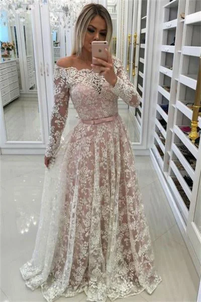 Elegant Ivory And Pink A-line Long Lace Prom Dress With Sleeves