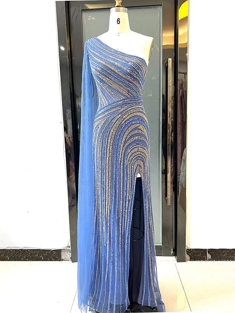Serene Hill Arabic Blue Mermaid Sexy High Split Cape Sleeve Beaded Evening Dresses Gowns 2024 For Women Wedding Party LA71933 Serene Hill Arabic Blue Mermaid Sexy High Split Cape Sleeve Beaded Evening Dresses Gowns 2024 For Women Wedding Party LA71933