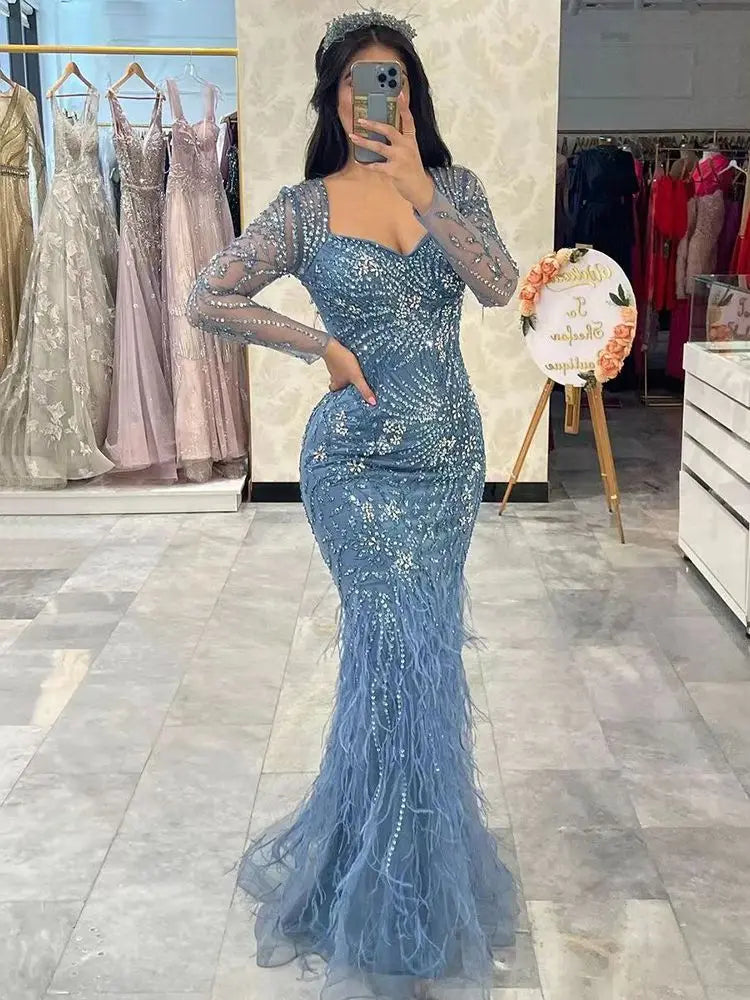 Serene Hill Arabic Blue Mermaid Elegant Feather Beaded Evening Dresses Gowns For Women Party 2024 LA71818 Serene Hill Arabic Blue Mermaid Elegant Feather Beaded Evening Dresses Gowns For Women Party 2024 LA71818