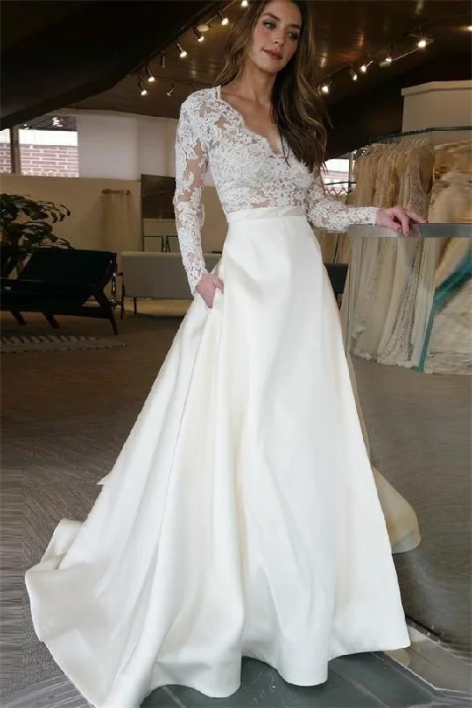 Formal Ivory Long V-neck Lace Satin Long Sleeves Prom Dress With Pockets