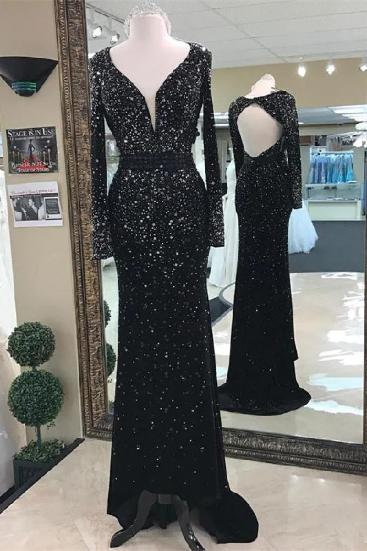 Sparkly Black Long Sleeves Backless Beaded Mermaid Prom Dress