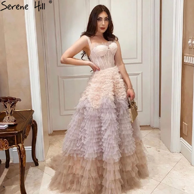 Serene Hill Pink Ruffles Sexy Evening Dresses Gowns 2024 A-Line Tiered High-end For Women Party LA71221
